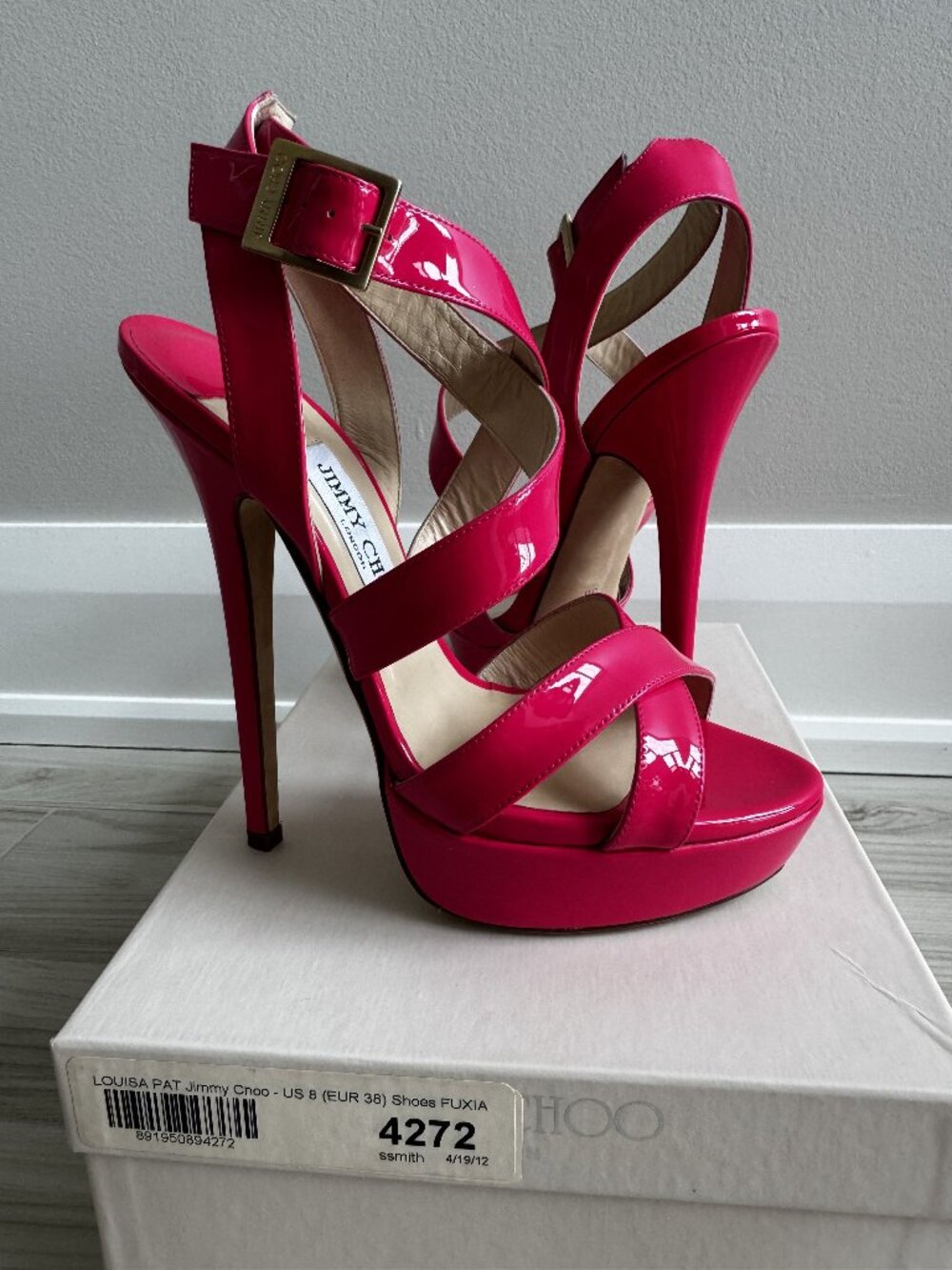 NEW Jimmy Choo Louisa 150 Hot Pink Fuchsia Patent Strappy Platform Sandals 38
